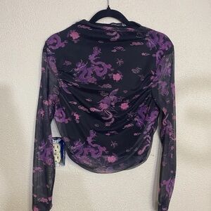 Boohoo Women’s Mesh Long Sleeve Top Black Purple Dragon Print Size US 14 UK 18